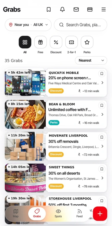 Grabit Grabs screen showing nearby offers in Liverpool
