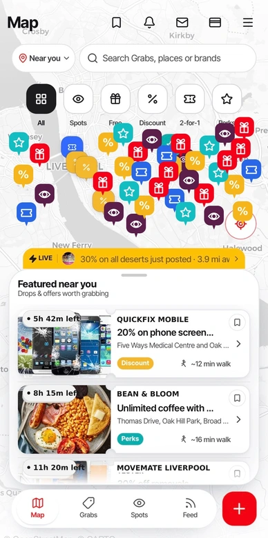 Grabit map showing live nearby offers in Liverpool
