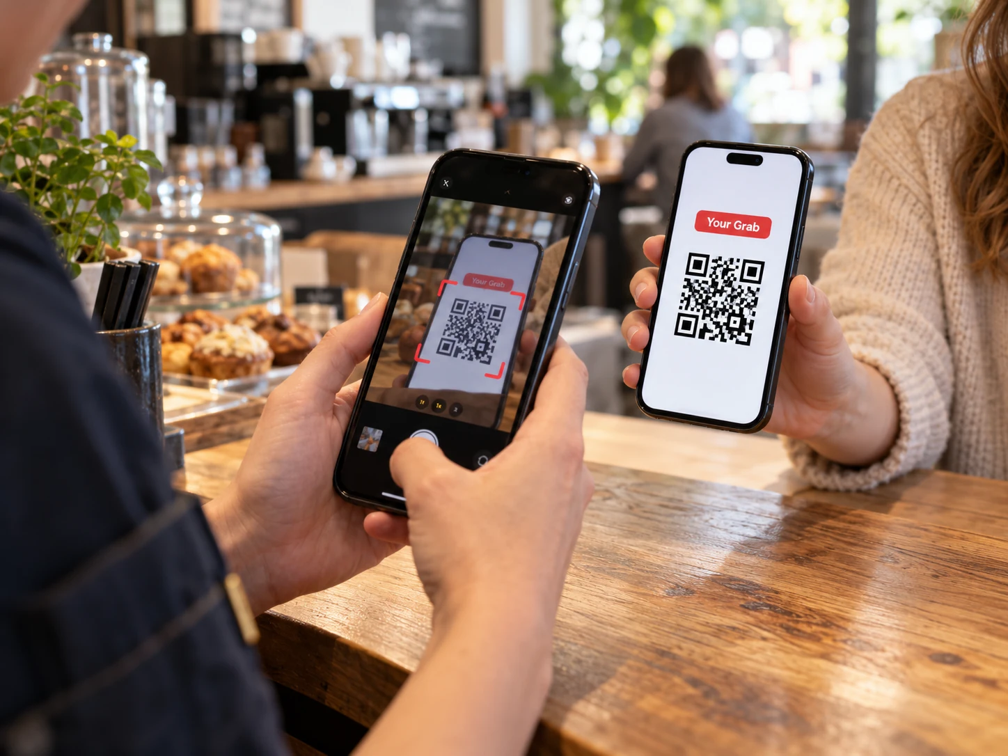 Illustrative close-up of staff using a phone to scan a customer’s Grabit QR code